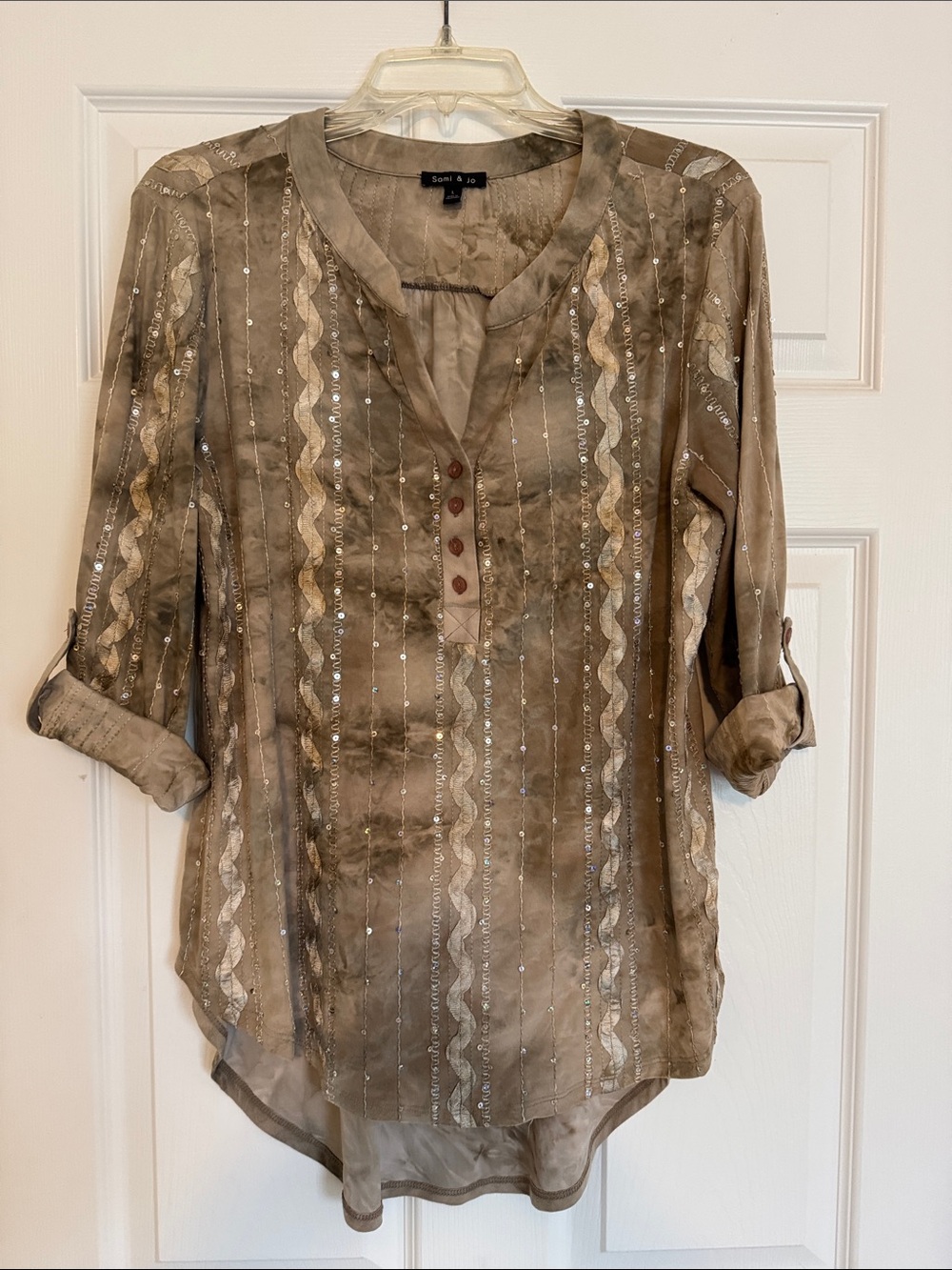 Sami & Jo Taupe Sequin-Striped Henley Tunic Tie-Dye Casual Stretchy